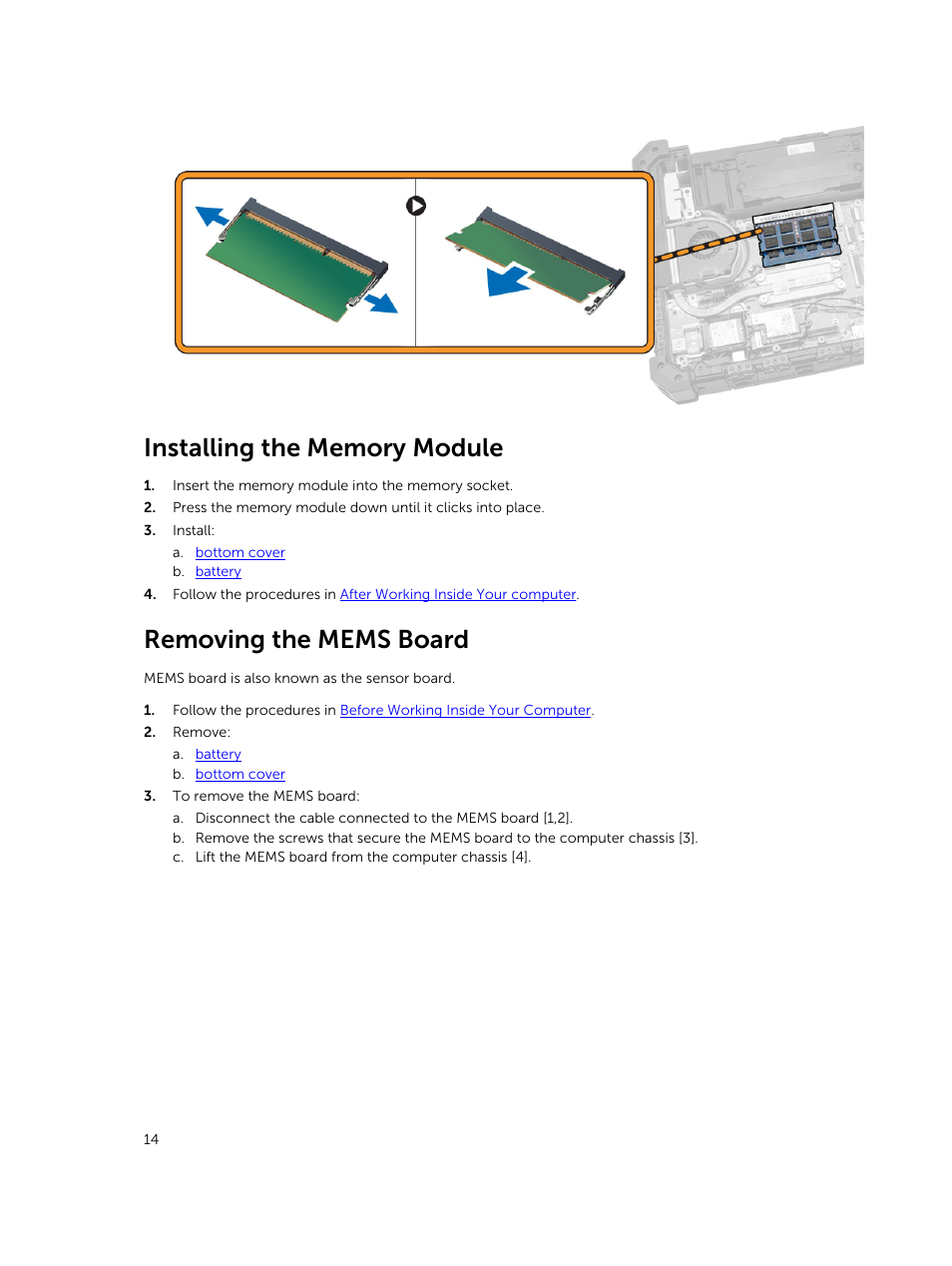 Installing the memory module, Removing the mems board | Dell Latitude 12 Rugged Extreme (7204, Early 2014) User Manual | Page 14 / 58