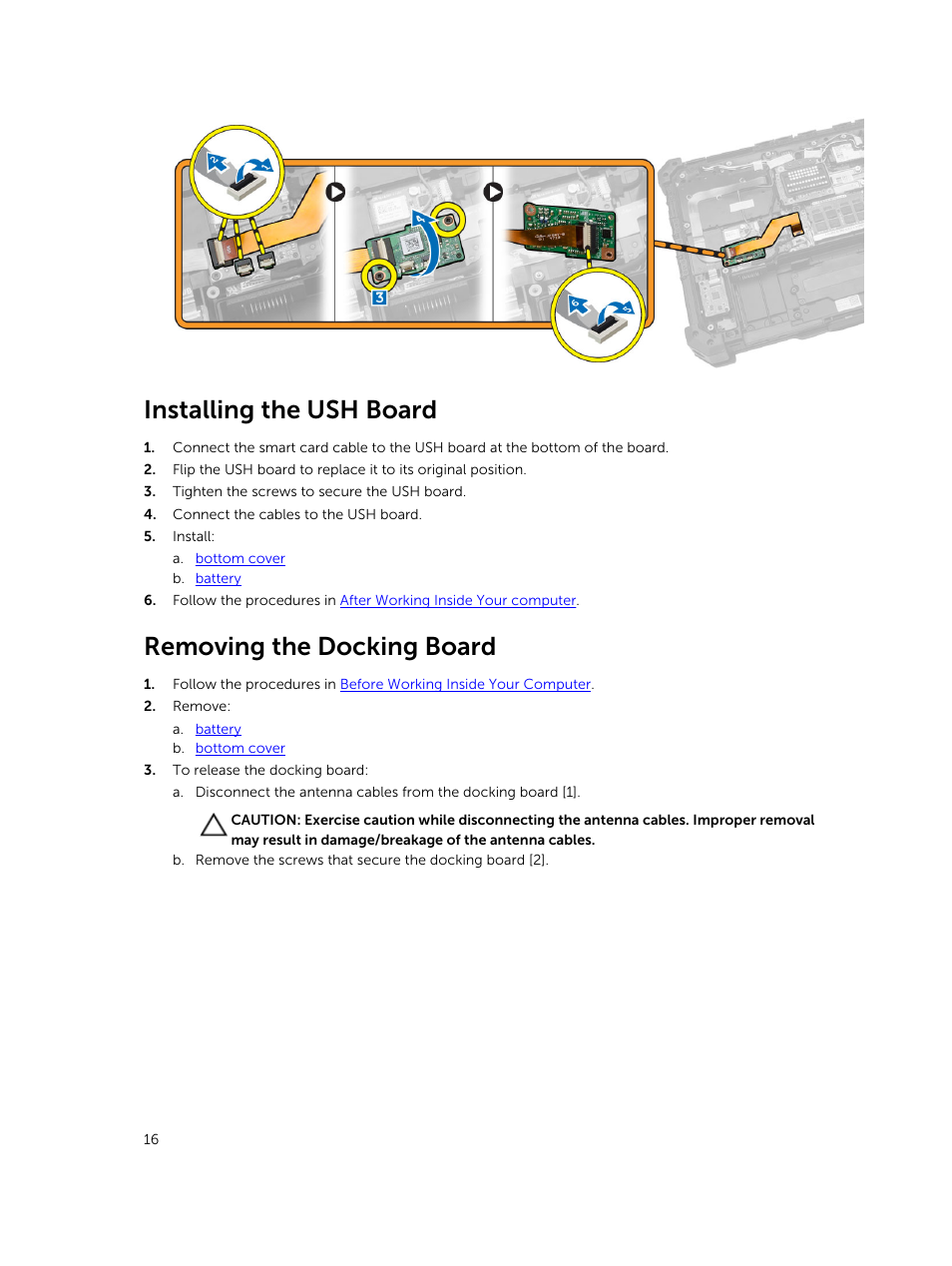 Installing the ush board, Removing the docking board | Dell Latitude 12 Rugged Extreme (7204, Early 2014) User Manual | Page 16 / 58