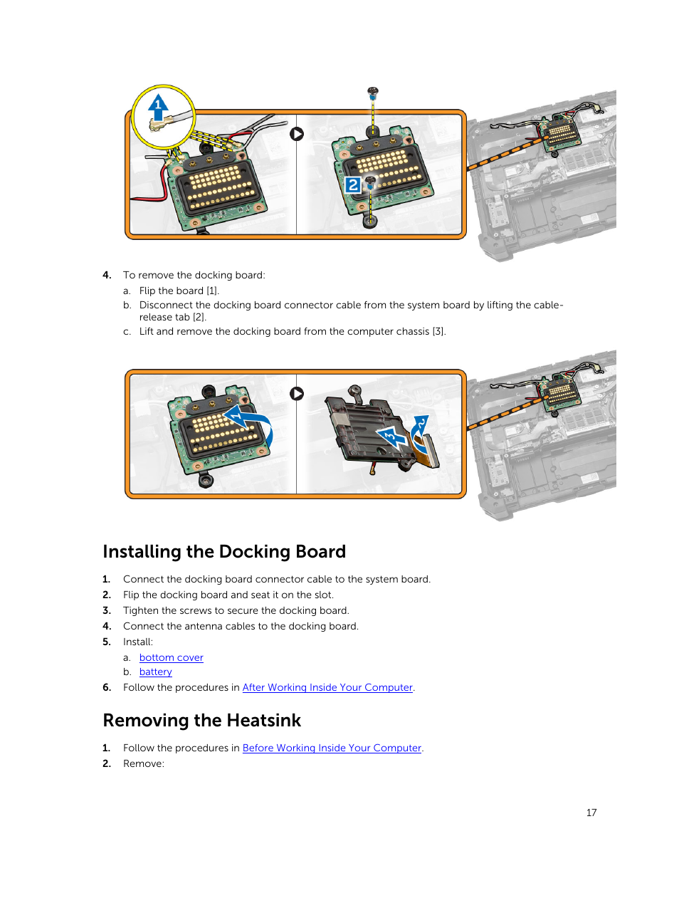 Installing the docking board, Removing the heatsink | Dell Latitude 12 Rugged Extreme (7204, Early 2014) User Manual | Page 17 / 58
