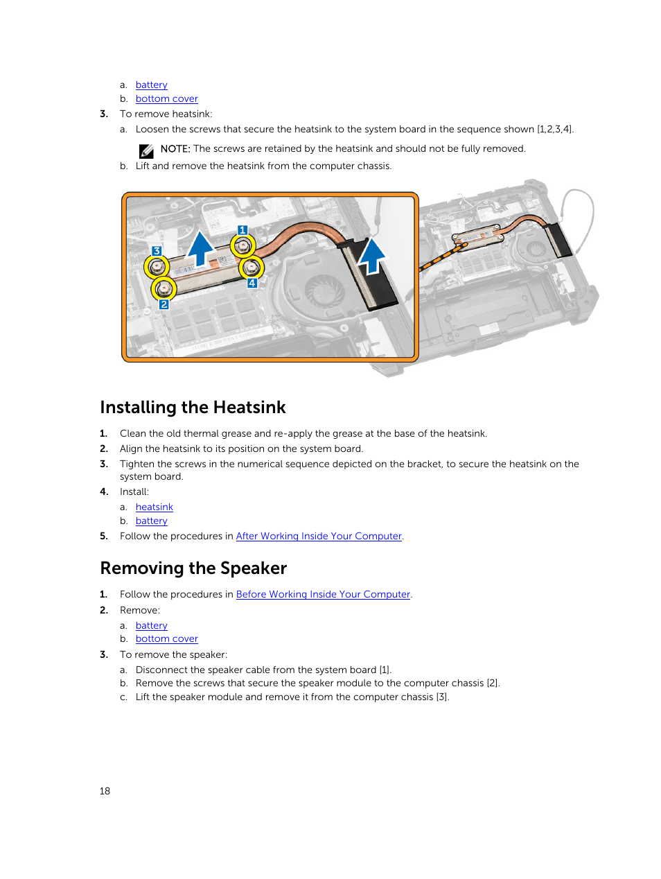 Installing the heatsink, Removing the speaker | Dell Latitude 12 Rugged Extreme (7204, Early 2014) User Manual | Page 18 / 58