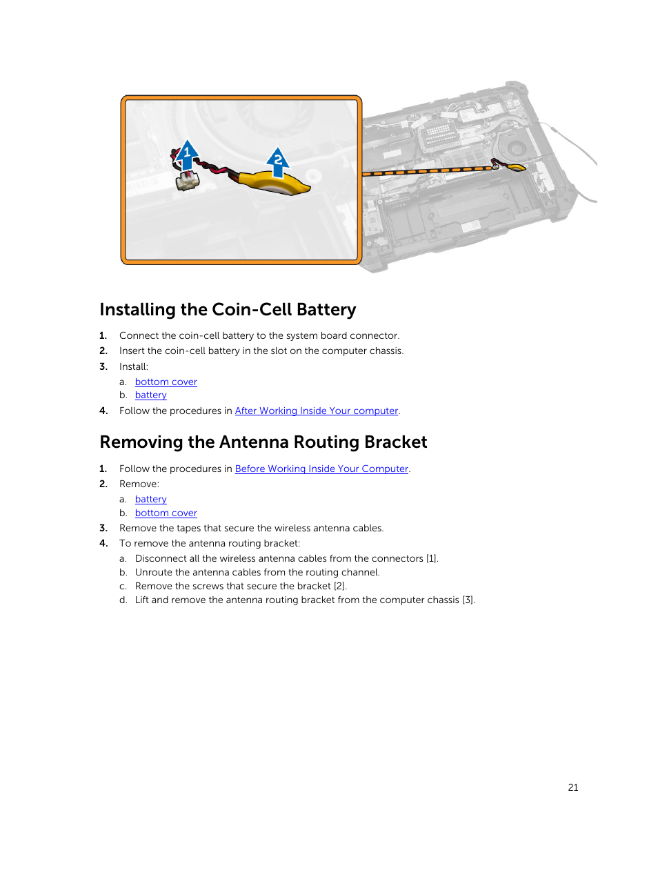 Installing the coin-cell battery, Removing the antenna routing bracket | Dell Latitude 12 Rugged Extreme (7204, Early 2014) User Manual | Page 21 / 58