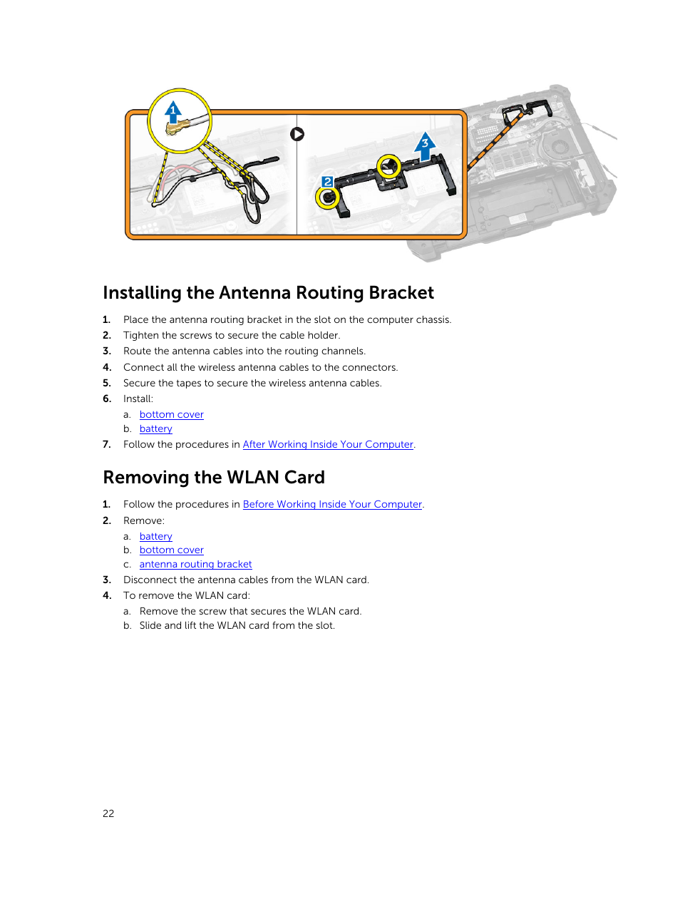 Installing the antenna routing bracket, Removing the wlan card | Dell Latitude 12 Rugged Extreme (7204, Early 2014) User Manual | Page 22 / 58