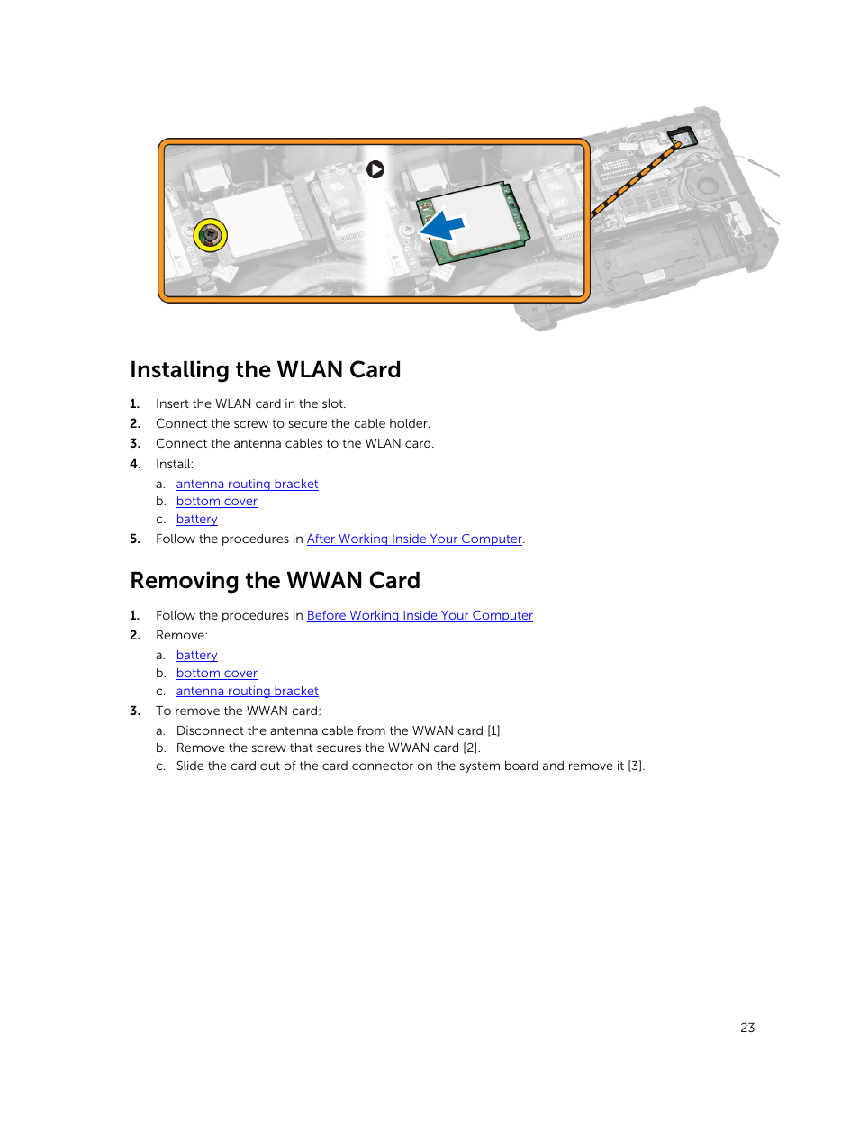 Installing the wlan card, Removing the wwan card | Dell Latitude 12 Rugged Extreme (7204, Early 2014) User Manual | Page 23 / 58