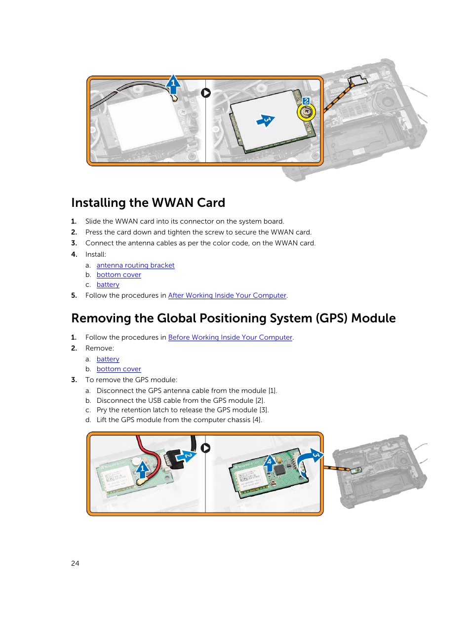 Installing the wwan card | Dell Latitude 12 Rugged Extreme (7204, Early 2014) User Manual | Page 24 / 58