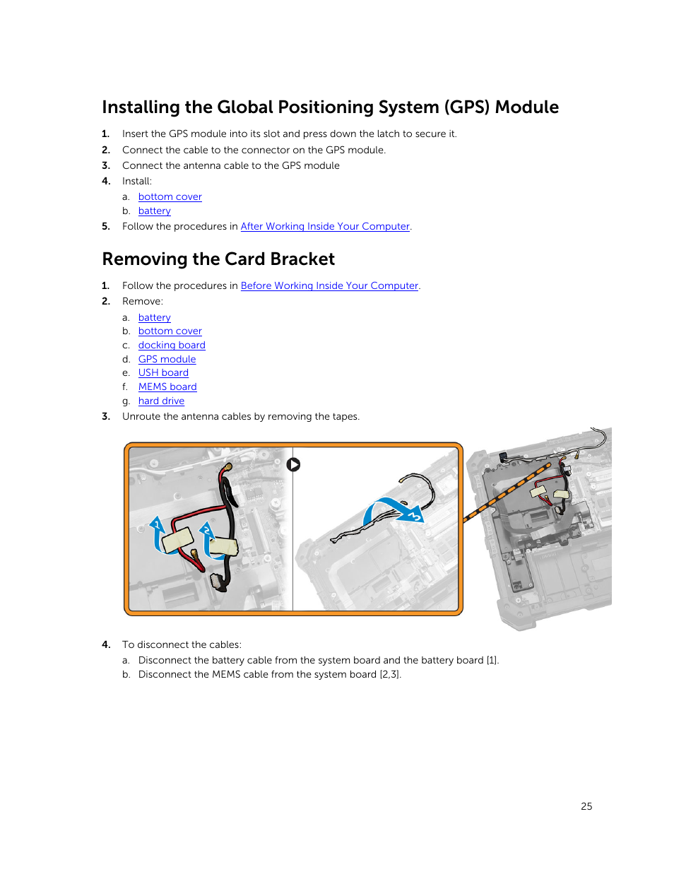 Removing the card bracket | Dell Latitude 12 Rugged Extreme (7204, Early 2014) User Manual | Page 25 / 58