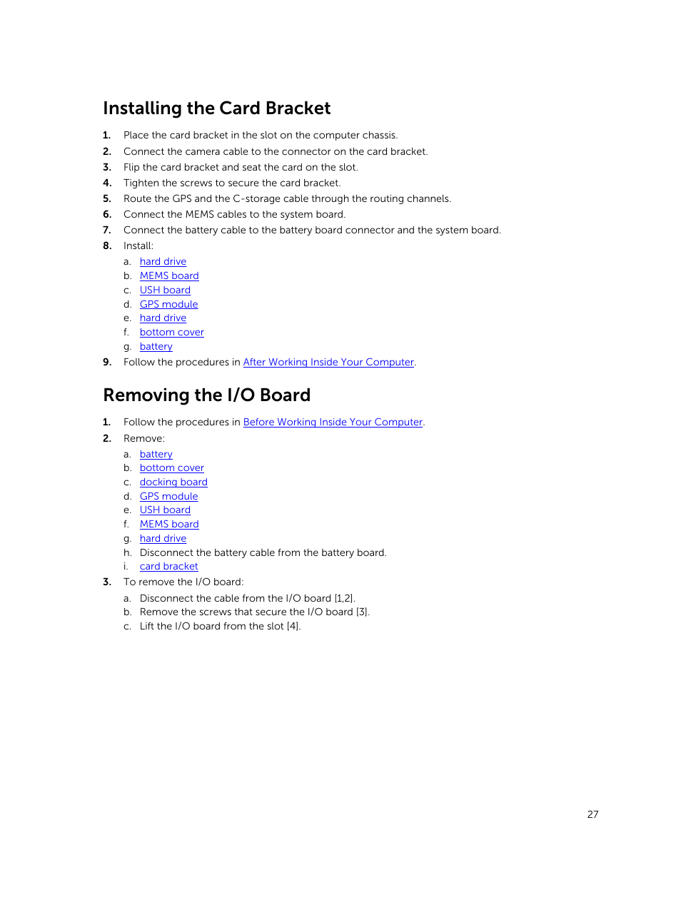 Installing the card bracket, Removing the i/o board | Dell Latitude 12 Rugged Extreme (7204, Early 2014) User Manual | Page 27 / 58