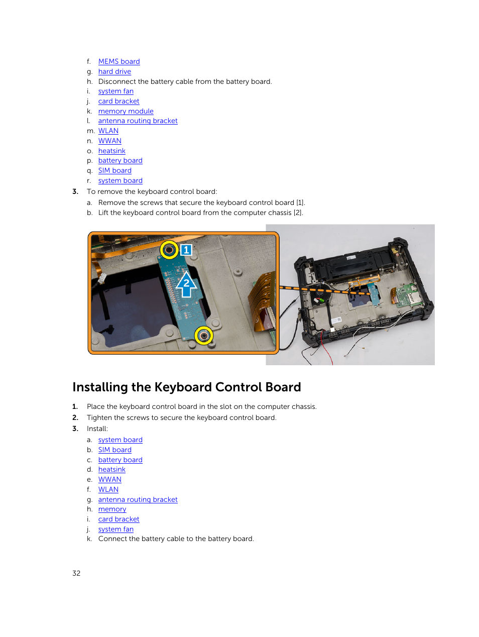 Installing the keyboard control board | Dell Latitude 12 Rugged Extreme (7204, Early 2014) User Manual | Page 32 / 58