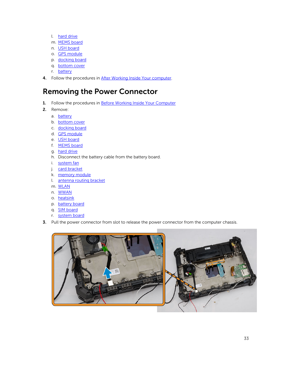 Removing the power connector | Dell Latitude 12 Rugged Extreme (7204, Early 2014) User Manual | Page 33 / 58