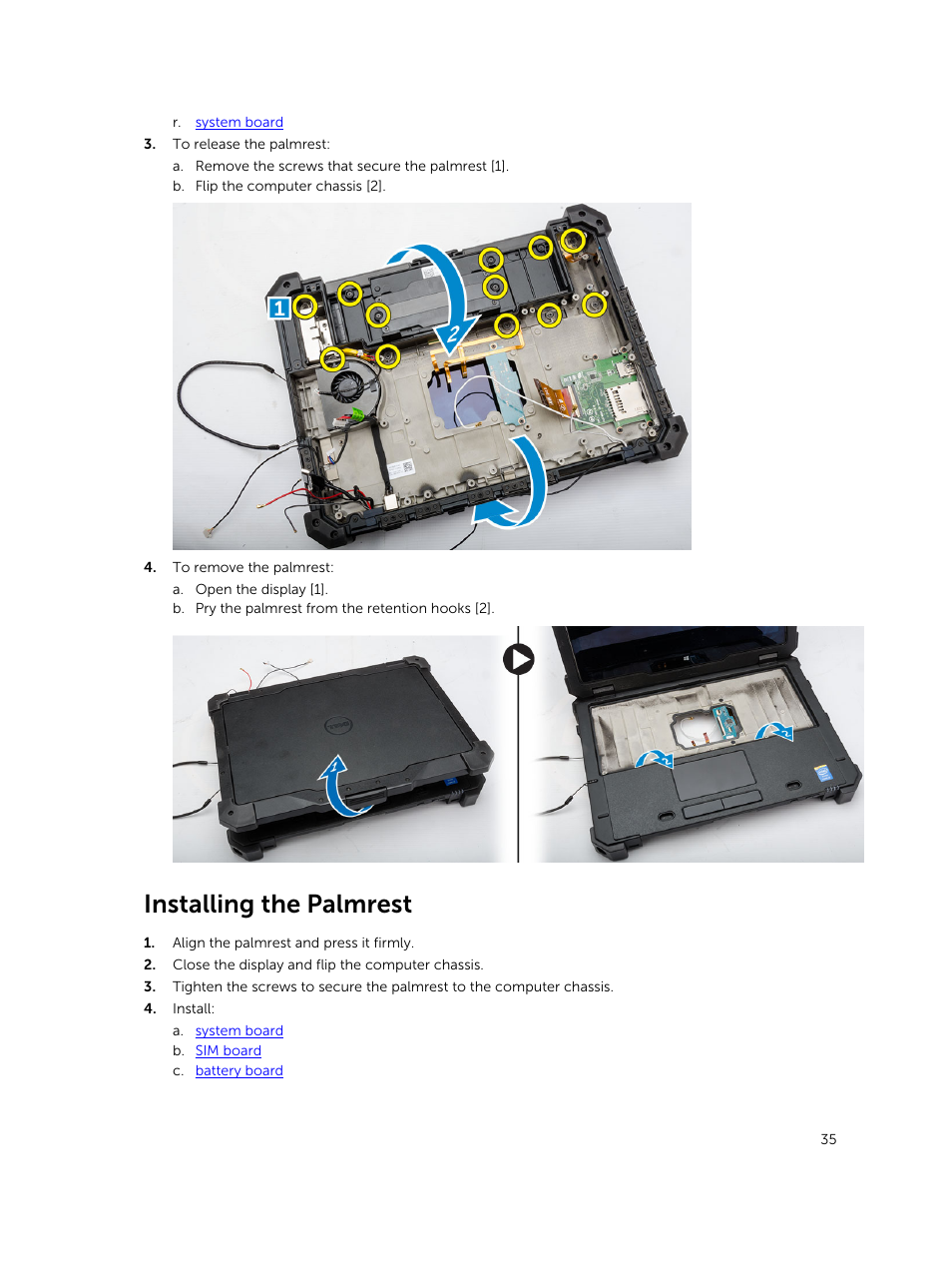 Installing the palmrest | Dell Latitude 12 Rugged Extreme (7204, Early 2014) User Manual | Page 35 / 58