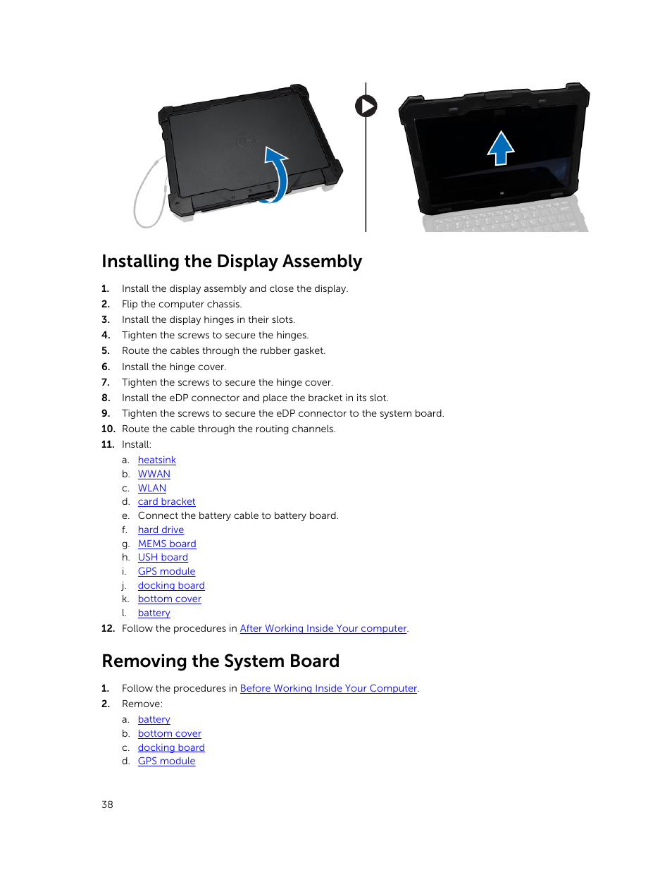 Installing the display assembly, Removing the system board, System board | Dell Latitude 12 Rugged Extreme (7204, Early 2014) User Manual | Page 38 / 58