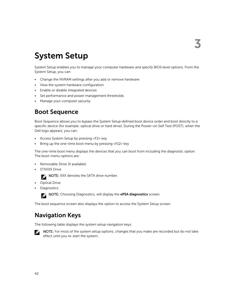 System setup, Boot sequence, Navigation keys | 3 system setup | Dell Latitude 12 Rugged Extreme (7204, Early 2014) User Manual | Page 42 / 58