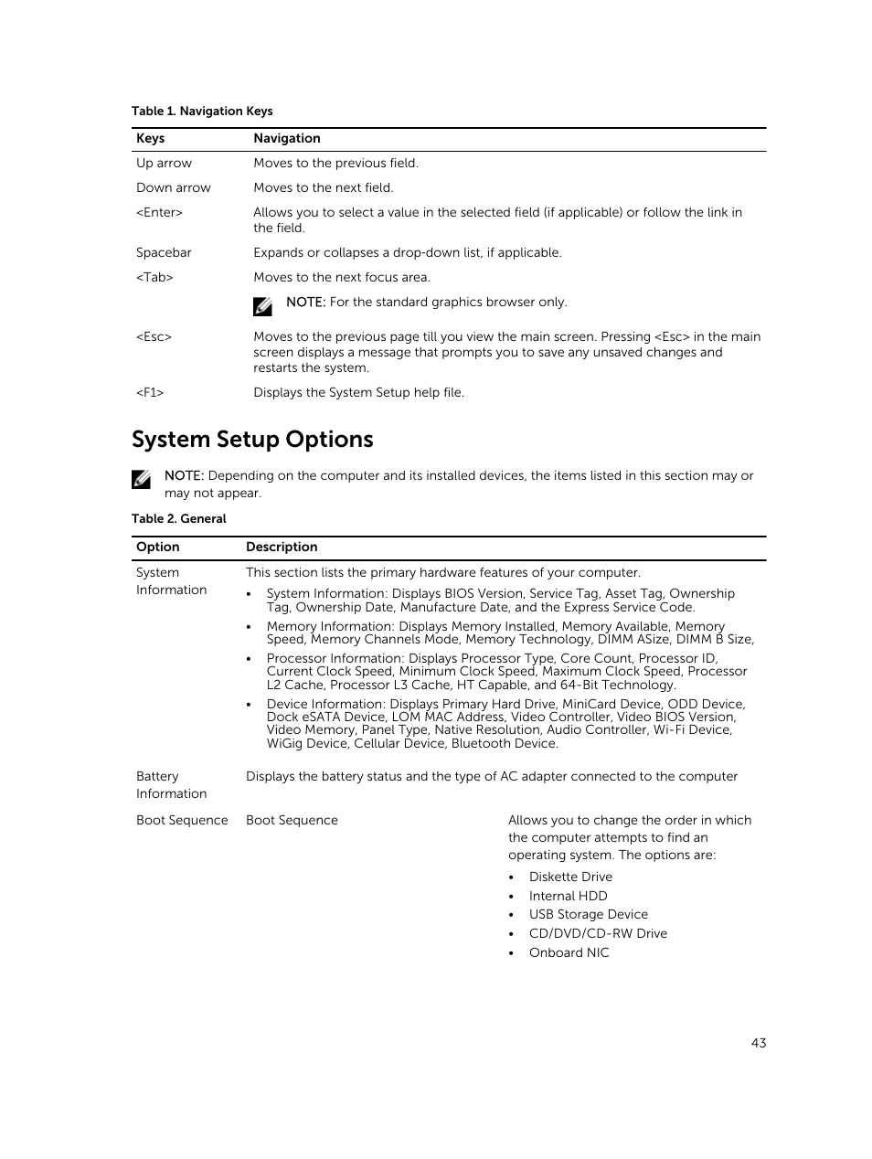 System setup options | Dell Latitude 12 Rugged Extreme (7204, Early 2014) User Manual | Page 43 / 58