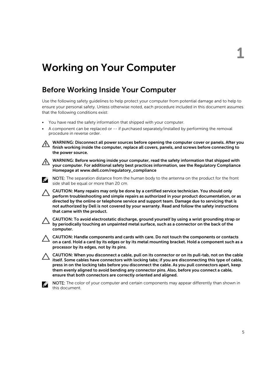 Working on your computer, Before working inside your computer, 1 working on your computer | Dell Latitude 12 Rugged Extreme (7204, Early 2014) User Manual | Page 5 / 58