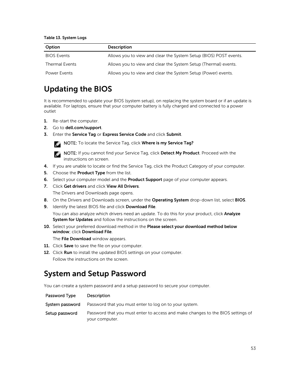 Updating the bios, System and setup password | Dell Latitude 12 Rugged Extreme (7204, Early 2014) User Manual | Page 53 / 58