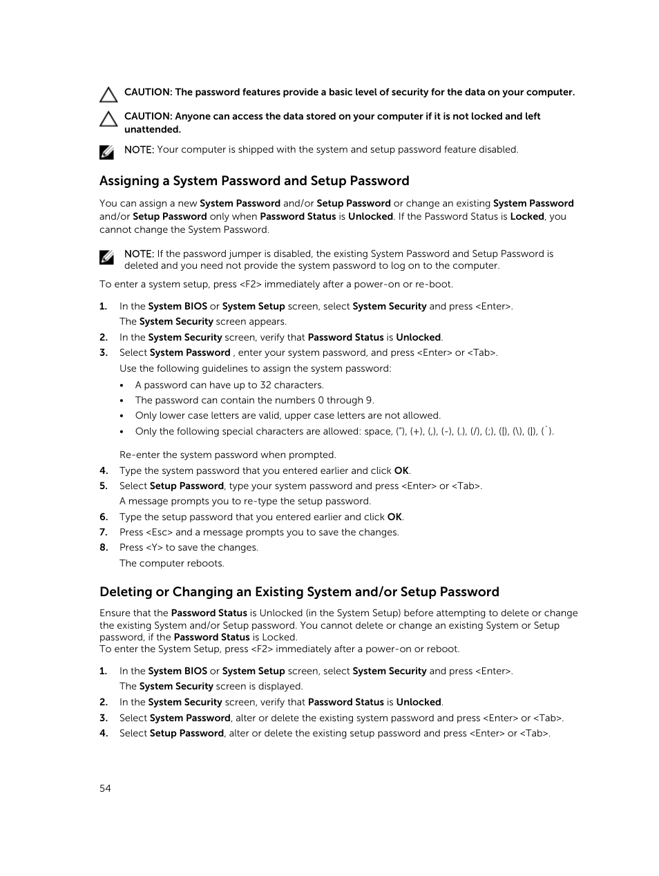 Assigning a system password and setup password | Dell Latitude 12 Rugged Extreme (7204, Early 2014) User Manual | Page 54 / 58
