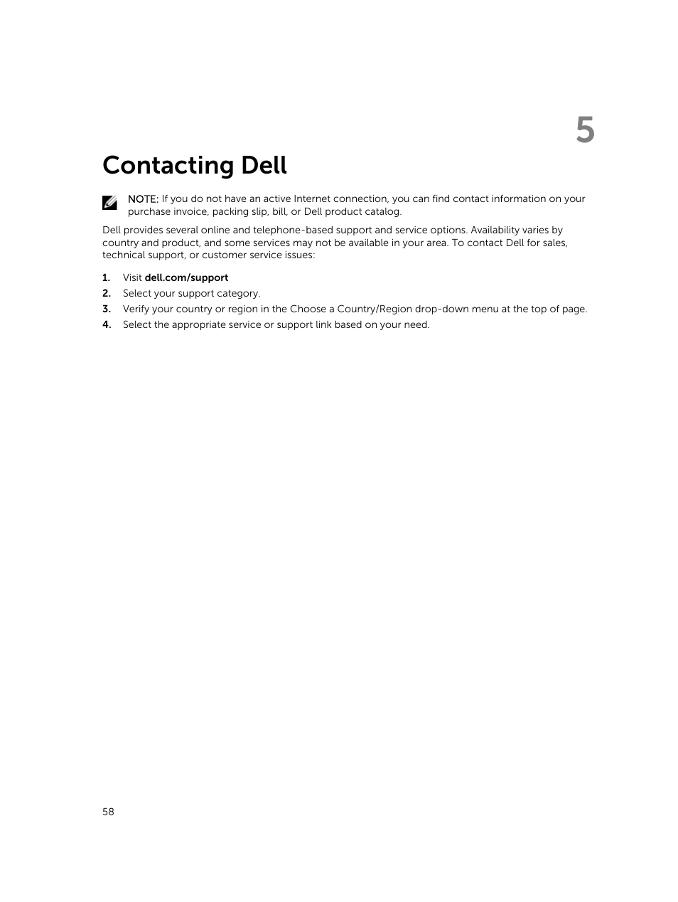 Contacting dell, 5 contacting dell | Dell Latitude 12 Rugged Extreme (7204, Early 2014) User Manual | Page 58 / 58
