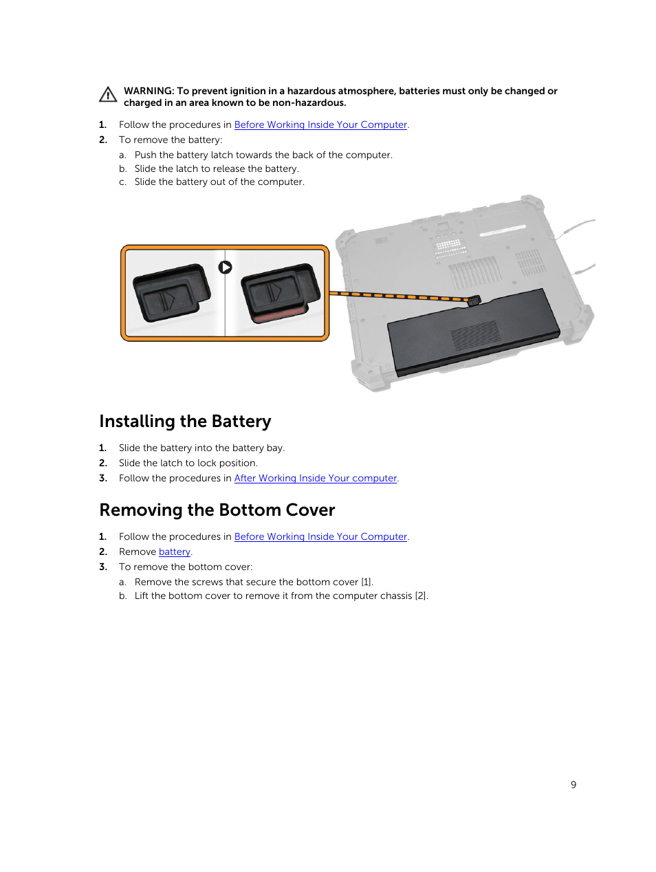 Installing the battery, Removing the bottom cover | Dell Latitude 12 Rugged Extreme (7204, Early 2014) User Manual | Page 9 / 58