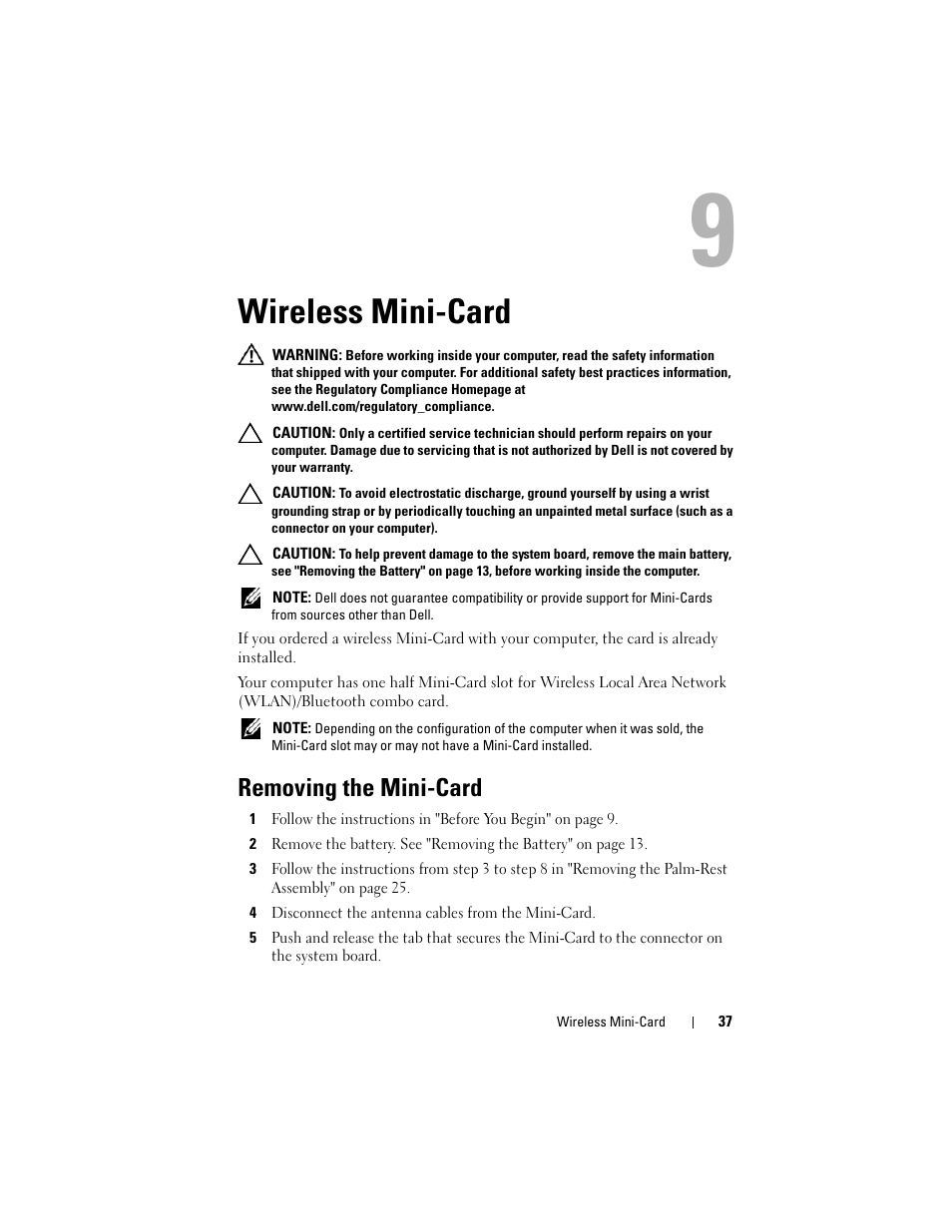 Wireless mini-card, Removing the mini-card, 4 disconnect the antenna cables from the mini-card | Dell Inspiron 14 (M4040, Mid 2011) User Manual | Page 37 / 78