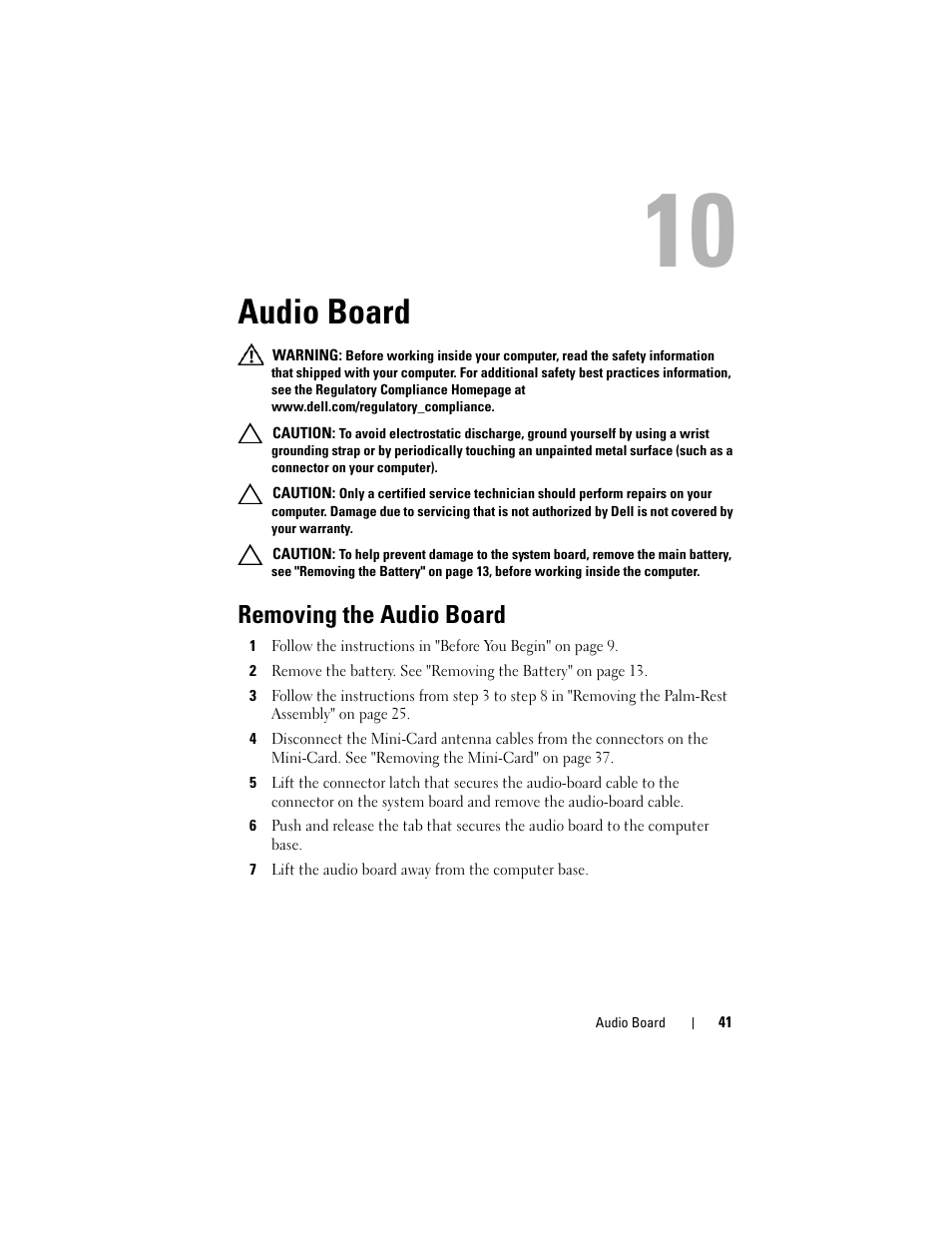 Audio board, Removing the audio board, 7 lift the audio board away from the computer base | Dell Inspiron 14 (M4040, Mid 2011) User Manual | Page 41 / 78