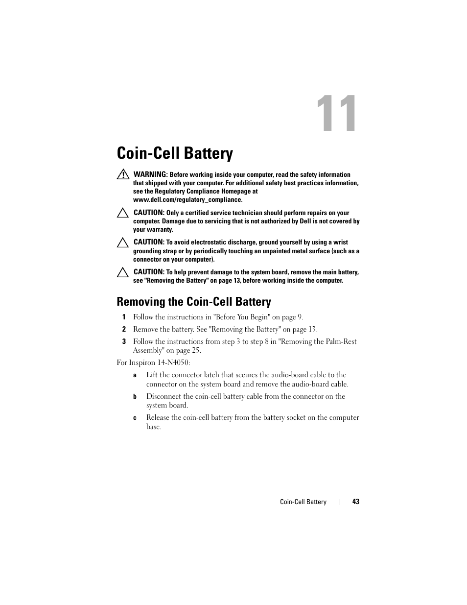 Coin-cell battery, Removing the coin-cell battery | Dell Inspiron 14 (M4040, Mid 2011) User Manual | Page 43 / 78