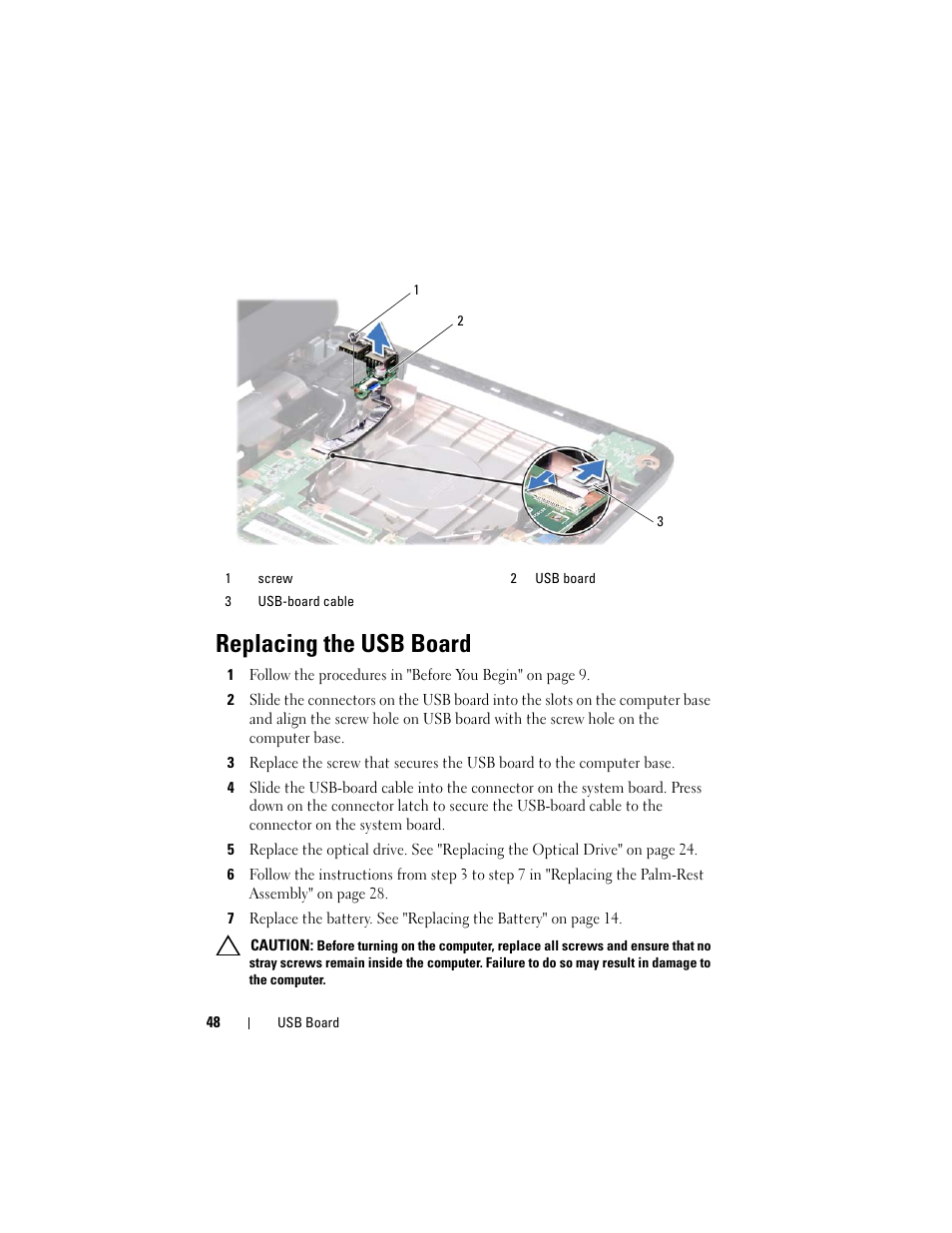 Replacing the usb board | Dell Inspiron 14 (M4040, Mid 2011) User Manual | Page 48 / 78