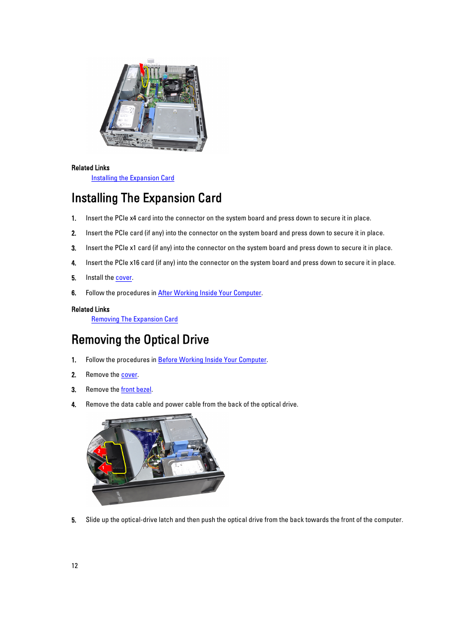 Installing the expansion card, Removing the optical drive | Dell OptiPlex 3010 (Mid 2012) User Manual | Page 12 / 63