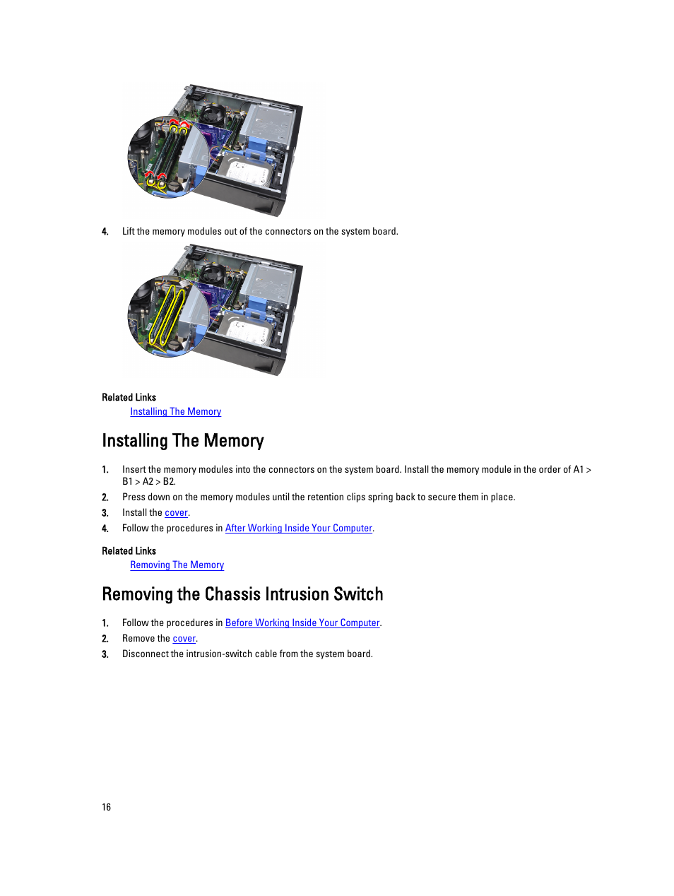 Installing the memory, Removing the chassis intrusion switch | Dell OptiPlex 3010 (Mid 2012) User Manual | Page 16 / 63