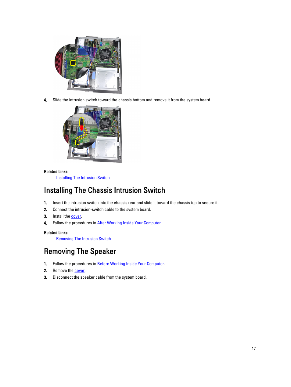 Installing the chassis intrusion switch, Removing the speaker | Dell OptiPlex 3010 (Mid 2012) User Manual | Page 17 / 63