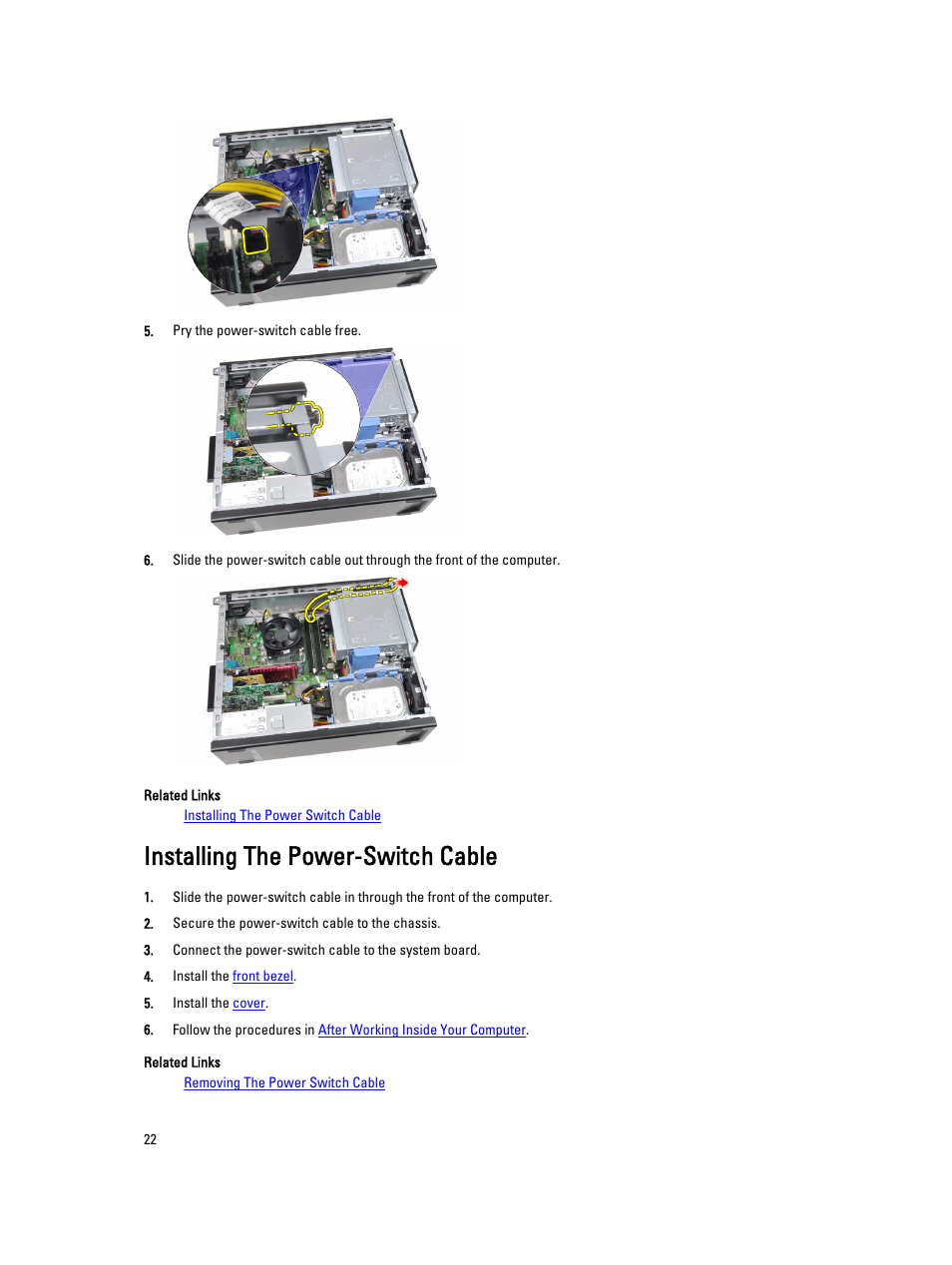 Installing the power-switch cable | Dell OptiPlex 3010 (Mid 2012) User Manual | Page 22 / 63