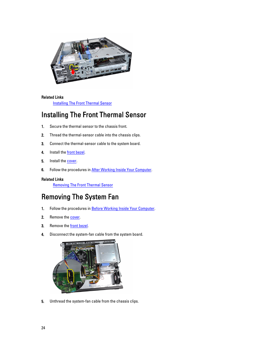 Installing the front thermal sensor, Removing the system fan | Dell OptiPlex 3010 (Mid 2012) User Manual | Page 24 / 63