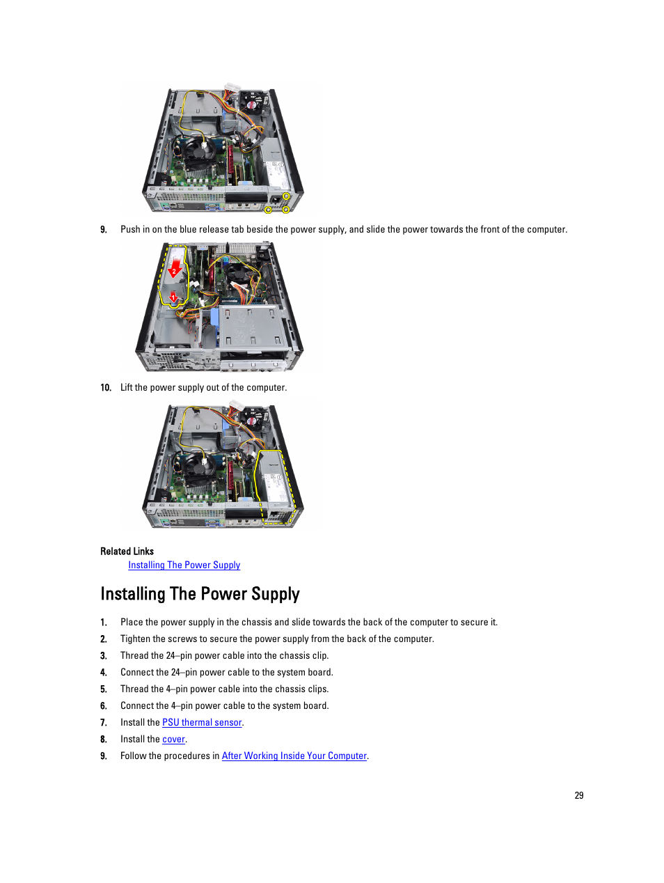 Installing the power supply | Dell OptiPlex 3010 (Mid 2012) User Manual | Page 29 / 63