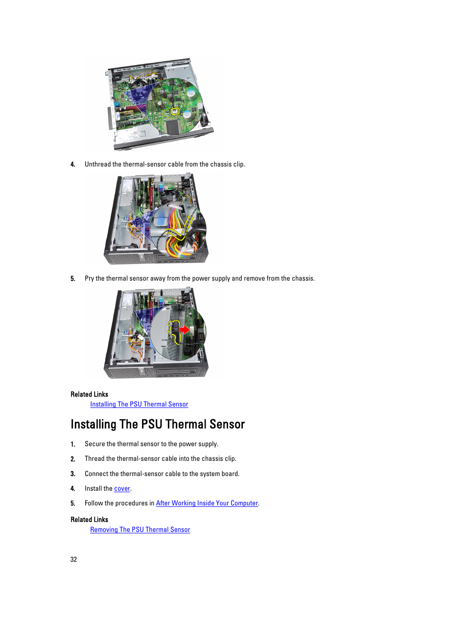 Installing the psu thermal sensor, Install the, Psu thermal sensor | Dell OptiPlex 3010 (Mid 2012) User Manual | Page 32 / 63