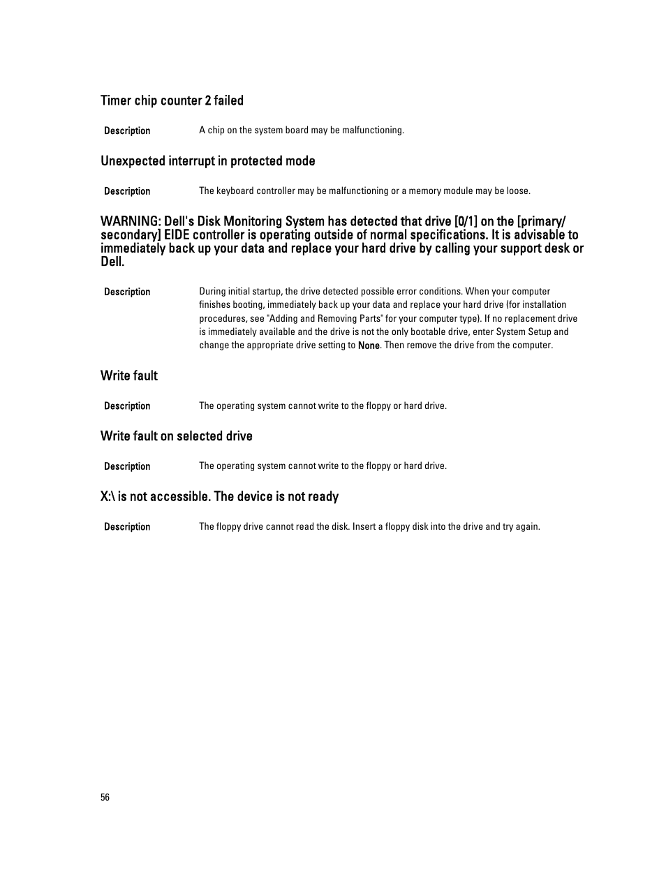 Timer chip counter 2 failed, Unexpected interrupt in protected mode, Write fault | Write fault on selected drive, X:\ is not accessible. the device is not ready | Dell OptiPlex 3010 (Mid 2012) User Manual | Page 56 / 63