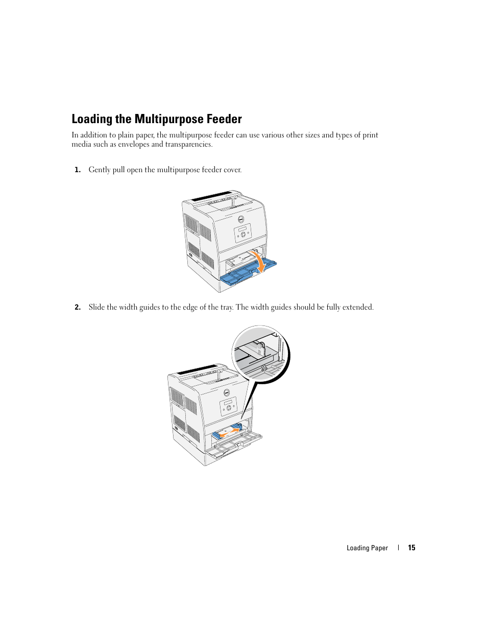 Loading the multipurpose feeder | Dell 3100cn Color Laser Printer User Manual | Page 15 / 90