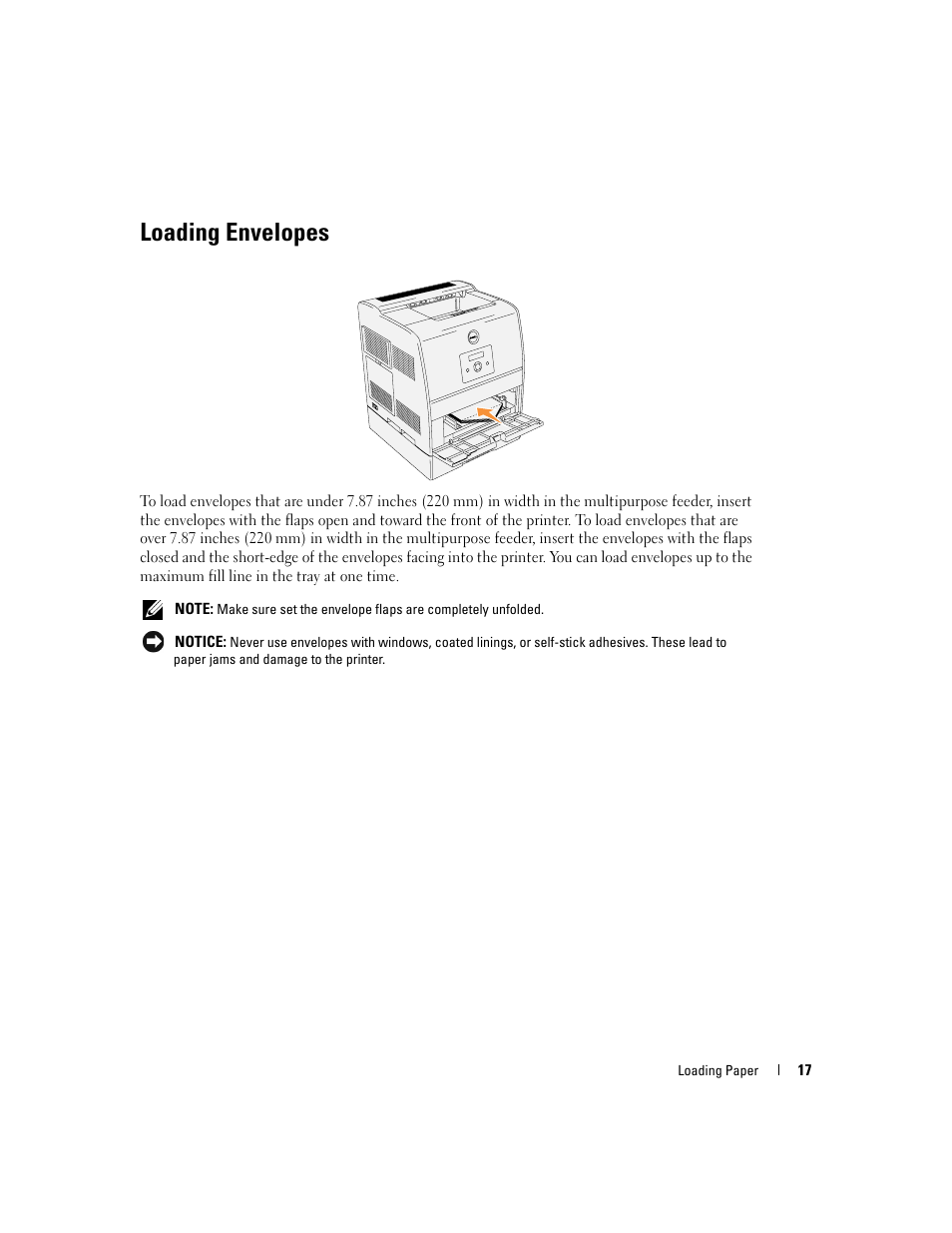 Loading envelopes | Dell 3100cn Color Laser Printer User Manual | Page 17 / 90