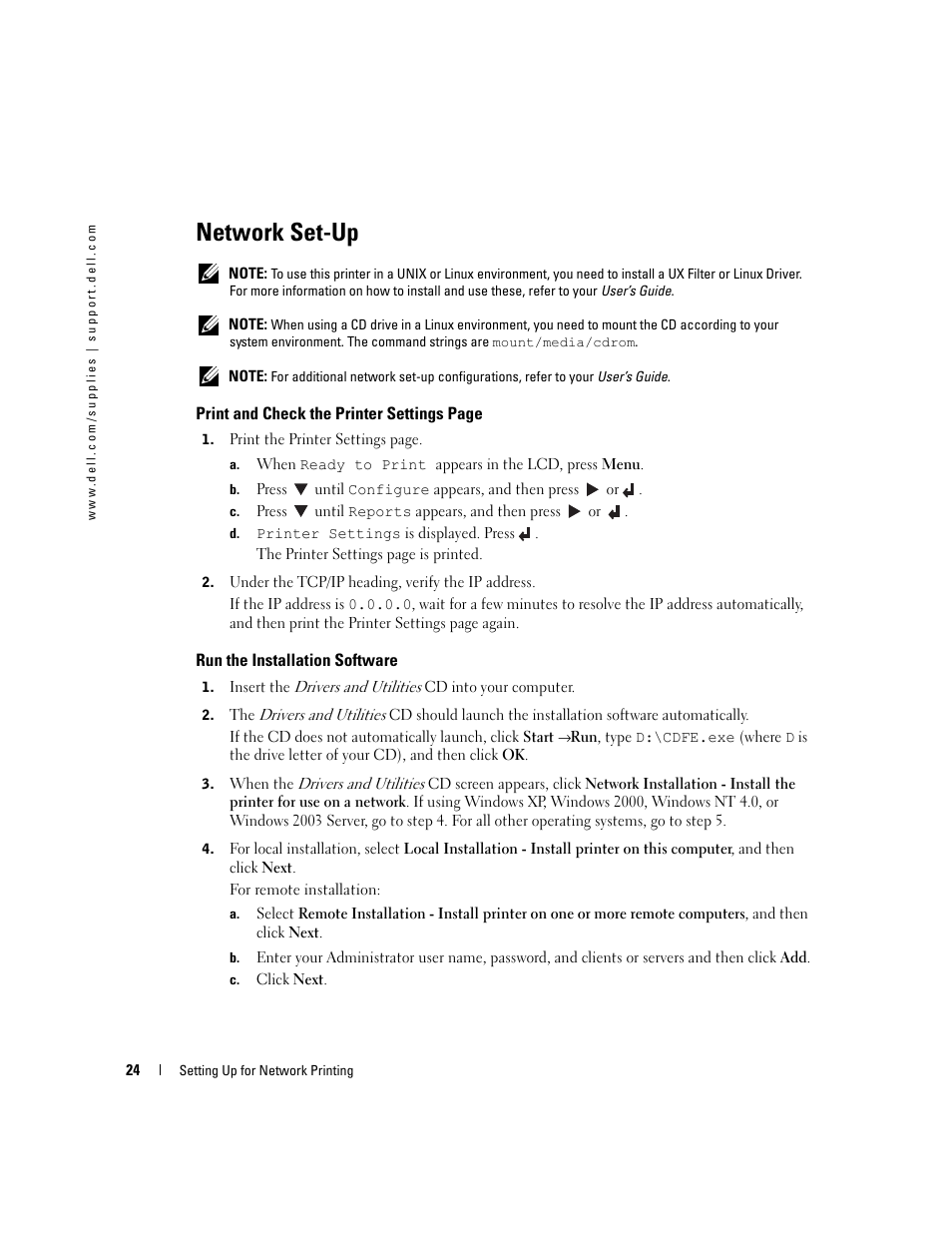 Network set-up, Run the installation software | Dell 3100cn Color Laser Printer User Manual | Page 24 / 90