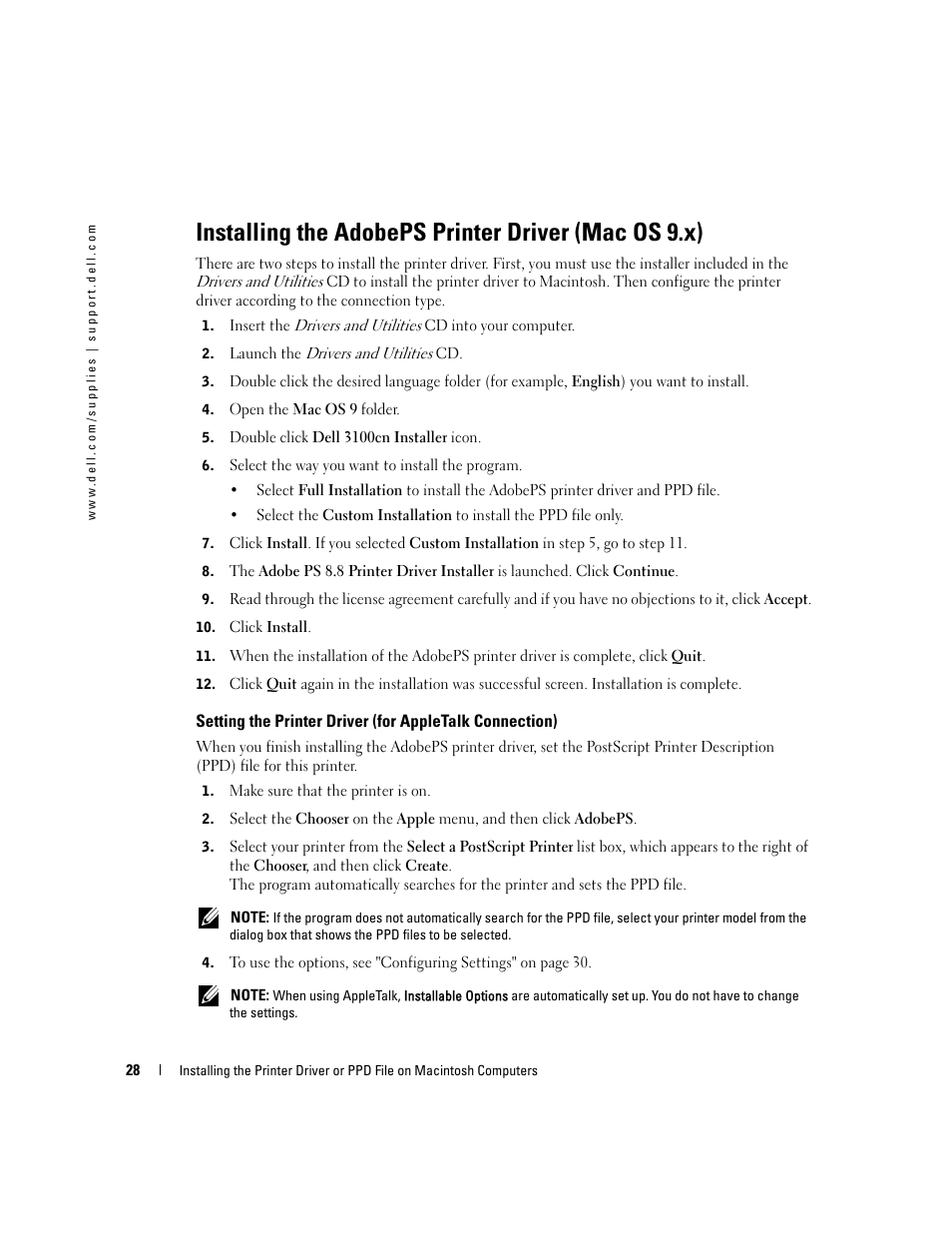 Installing the adobeps printer driver (mac os 9.x) | Dell 3100cn Color Laser Printer User Manual | Page 28 / 90