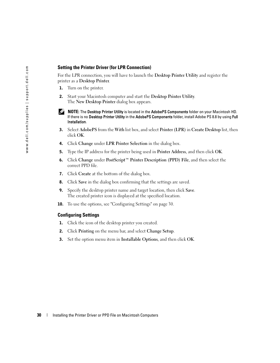 Setting the printer driver (for lpr connection), Configuring settings | Dell 3100cn Color Laser Printer User Manual | Page 30 / 90