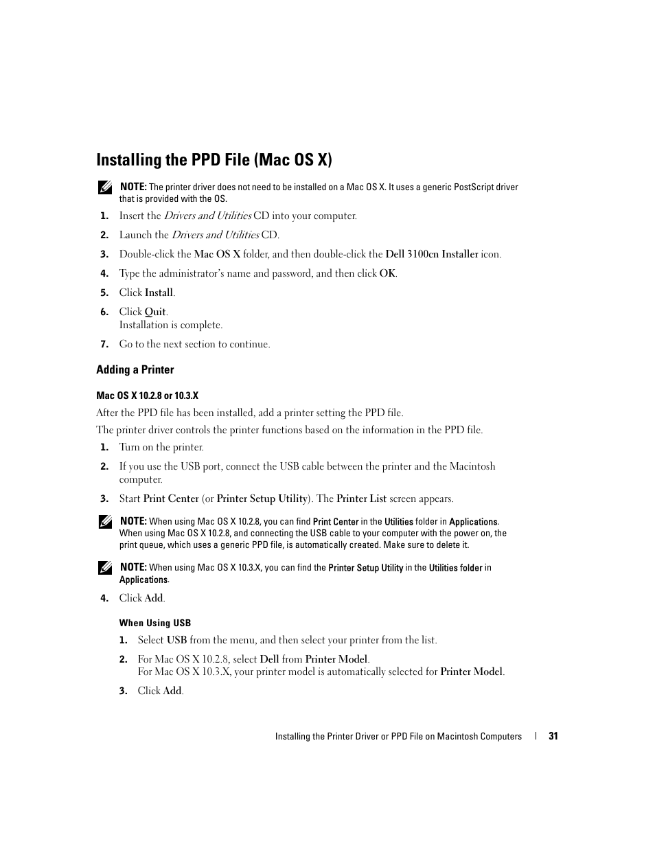 Installing the ppd file (mac os x), Adding a printer | Dell 3100cn Color Laser Printer User Manual | Page 31 / 90