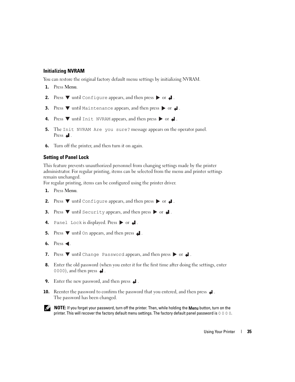 Initializing nvram, Setting of panel lock, Initializing nvram setting of panel lock | Dell 3100cn Color Laser Printer User Manual | Page 35 / 90