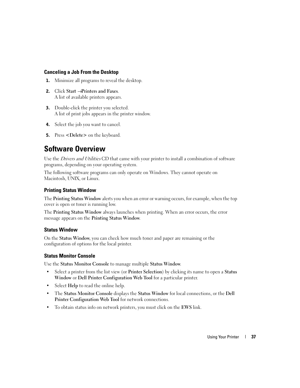 Canceling a job from the desktop, Software overview, Printing status window | Status window, Status monitor console | Dell 3100cn Color Laser Printer User Manual | Page 37 / 90
