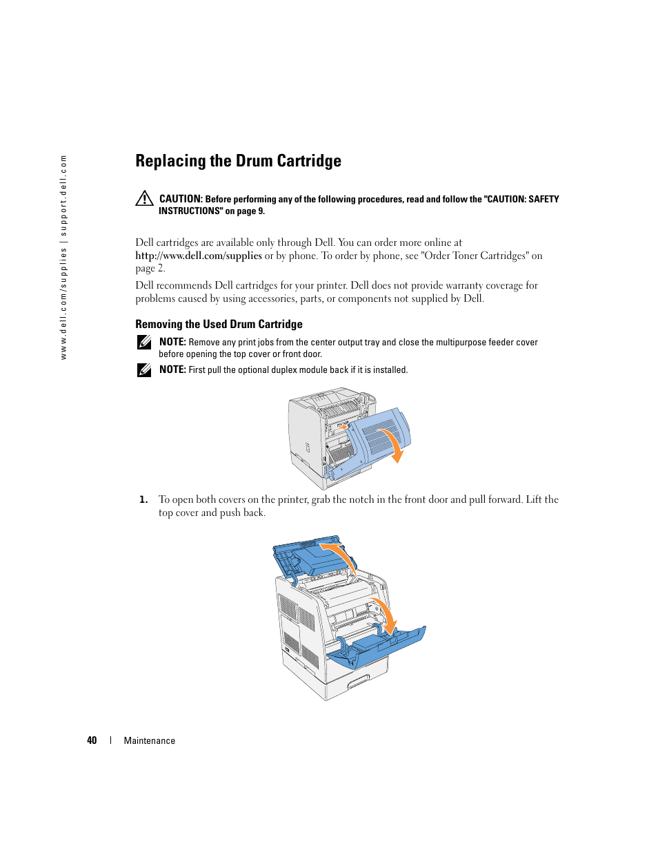 Replacing the drum cartridge, Removing the used drum cartridge | Dell 3100cn Color Laser Printer User Manual | Page 40 / 90