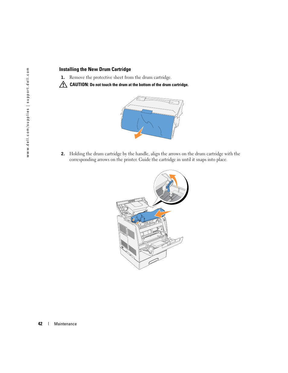 Installing the new drum cartridge | Dell 3100cn Color Laser Printer User Manual | Page 42 / 90