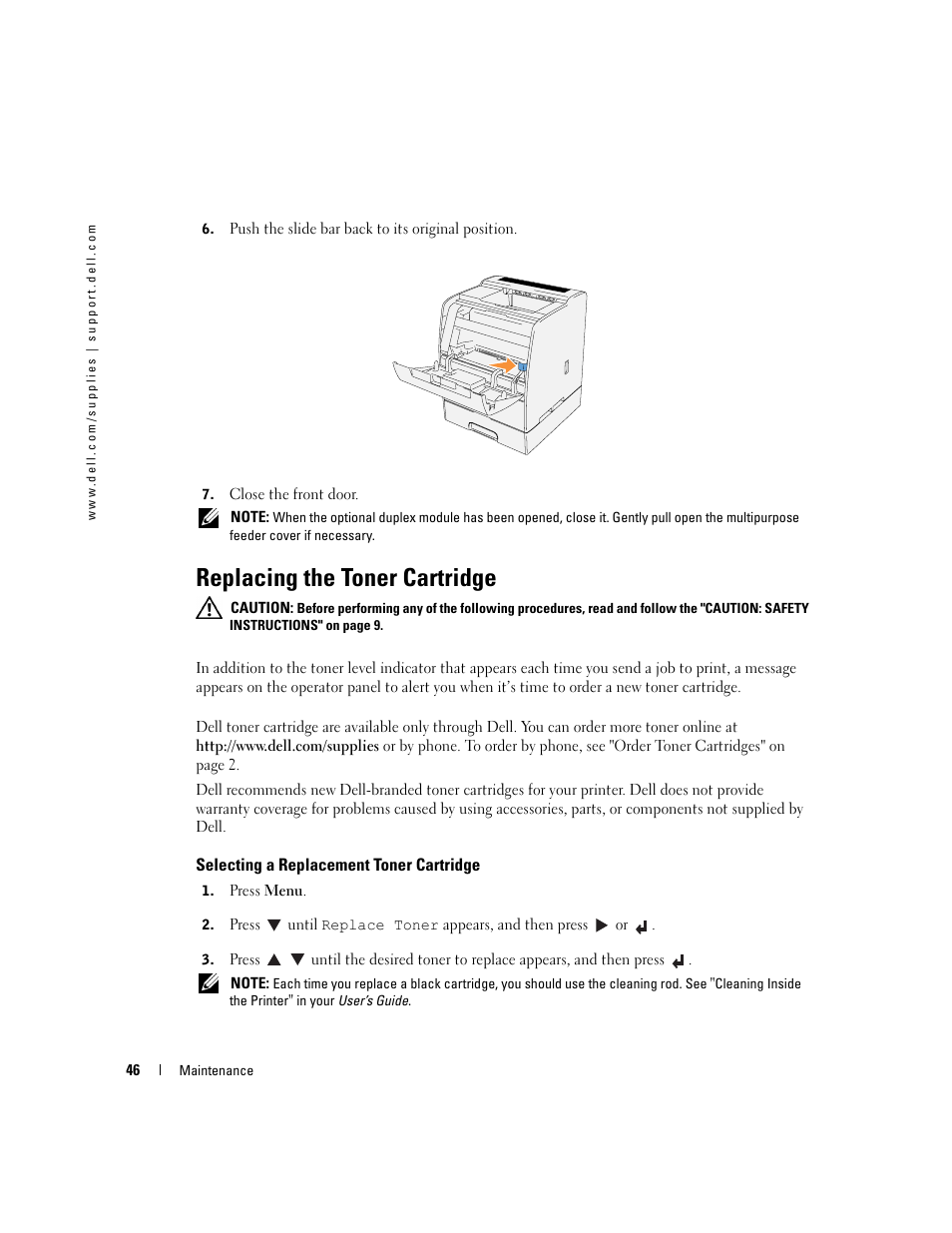 Replacing the toner cartridge, Selecting a replacement toner cartridge | Dell 3100cn Color Laser Printer User Manual | Page 46 / 90