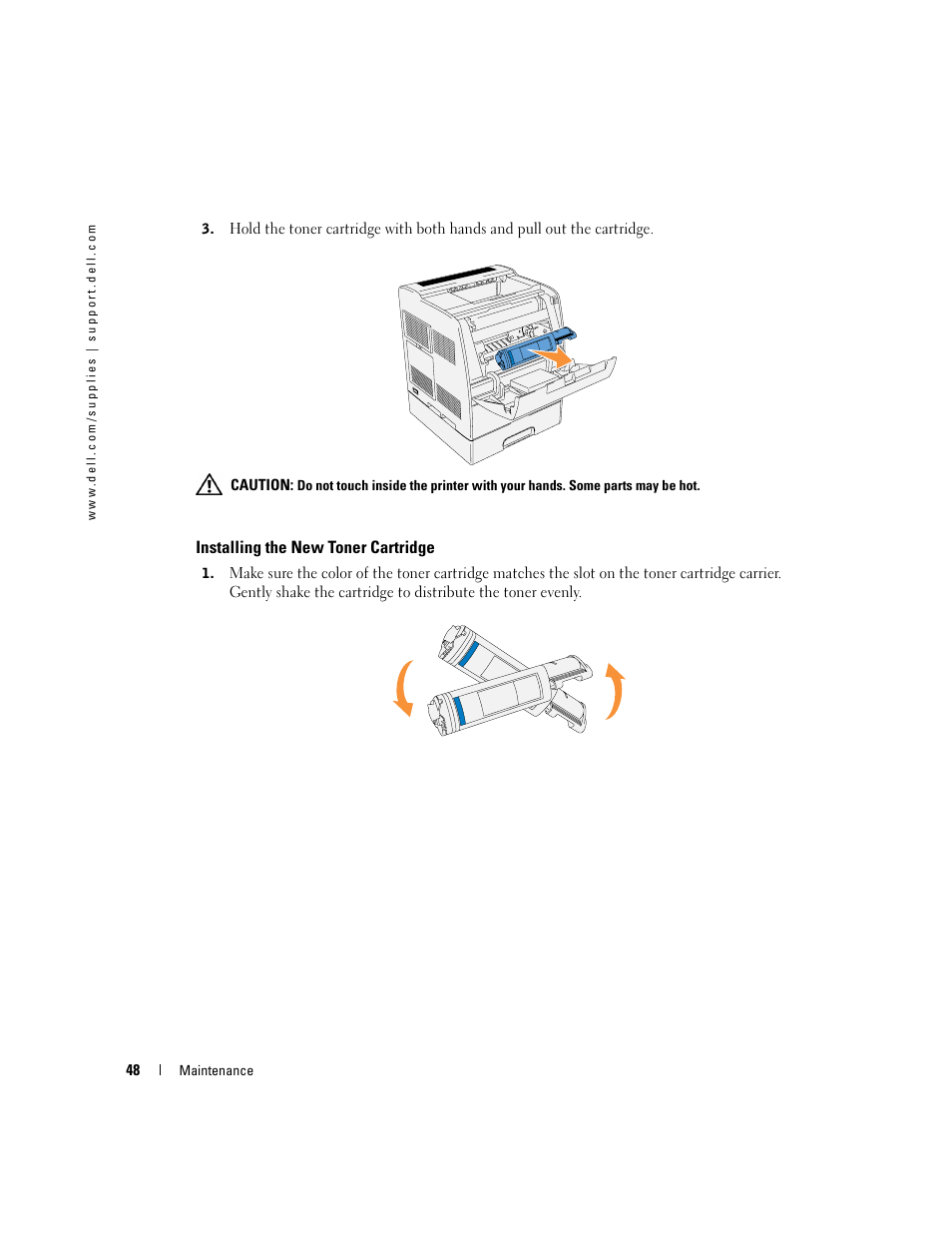 Installing the new toner cartridge | Dell 3100cn Color Laser Printer User Manual | Page 48 / 90