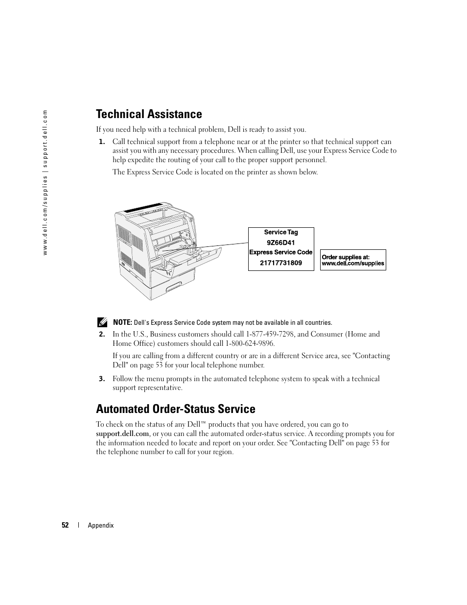 Technical assistance, Automated order-status service | Dell 3100cn Color Laser Printer User Manual | Page 54 / 90