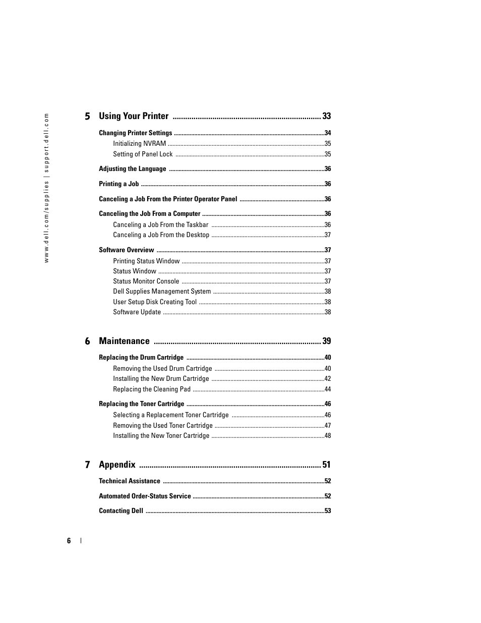 5 using your printer, 6 maintenance, 7 appendix | Dell 3100cn Color Laser Printer User Manual | Page 6 / 90
