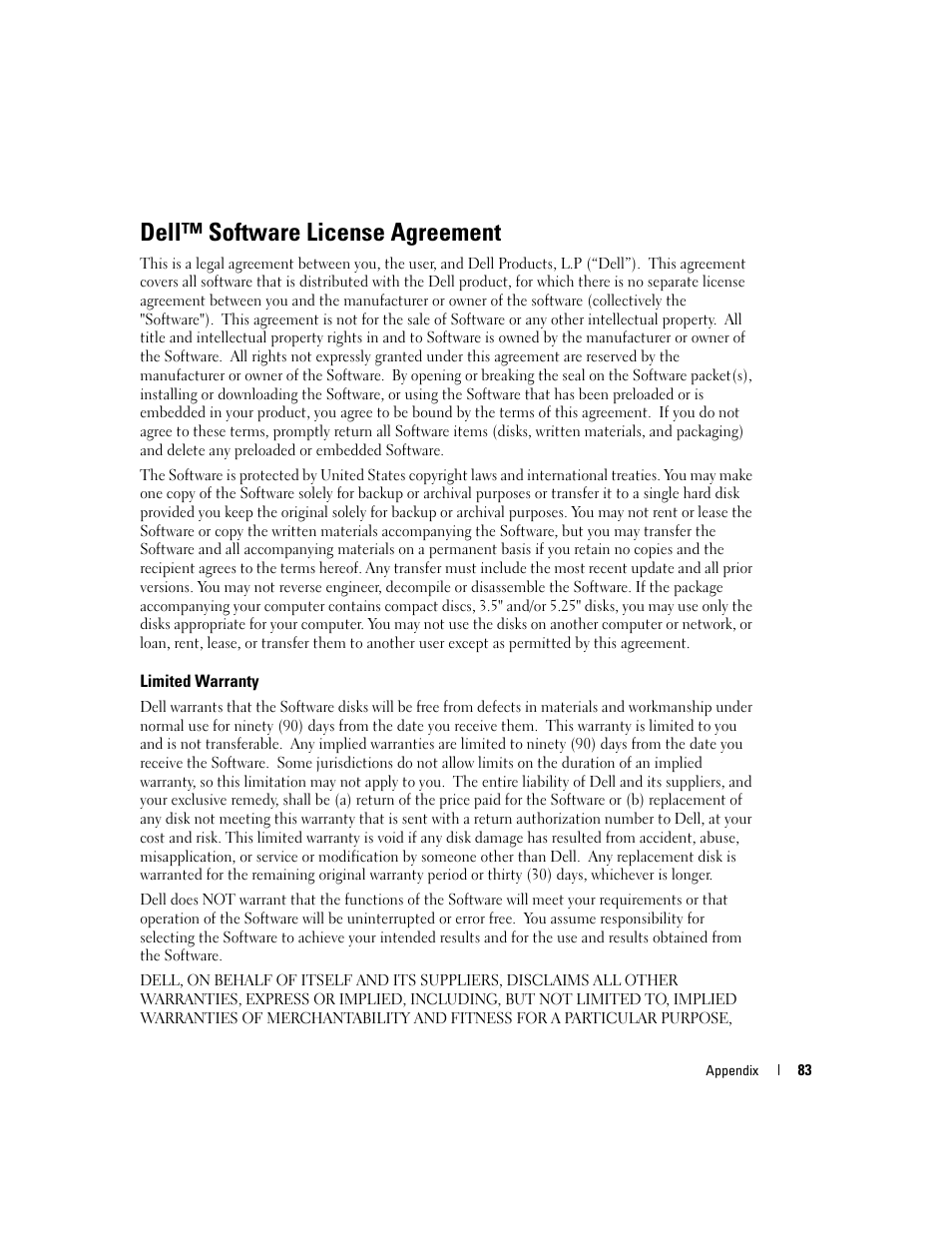 Dell™ software license agreement, Limited warranty | Dell 3100cn Color Laser Printer User Manual | Page 85 / 90