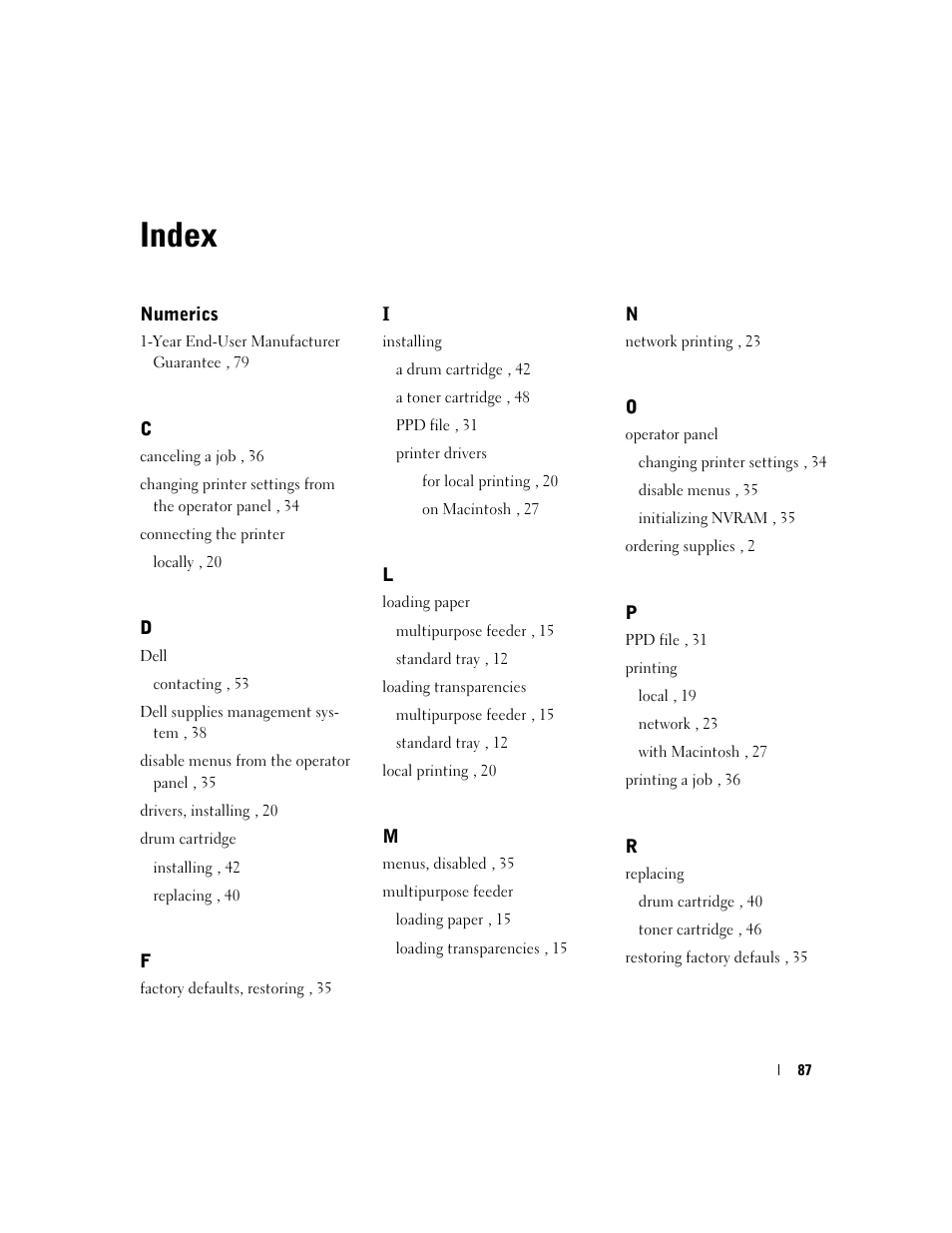 Index | Dell 3100cn Color Laser Printer User Manual | Page 89 / 90