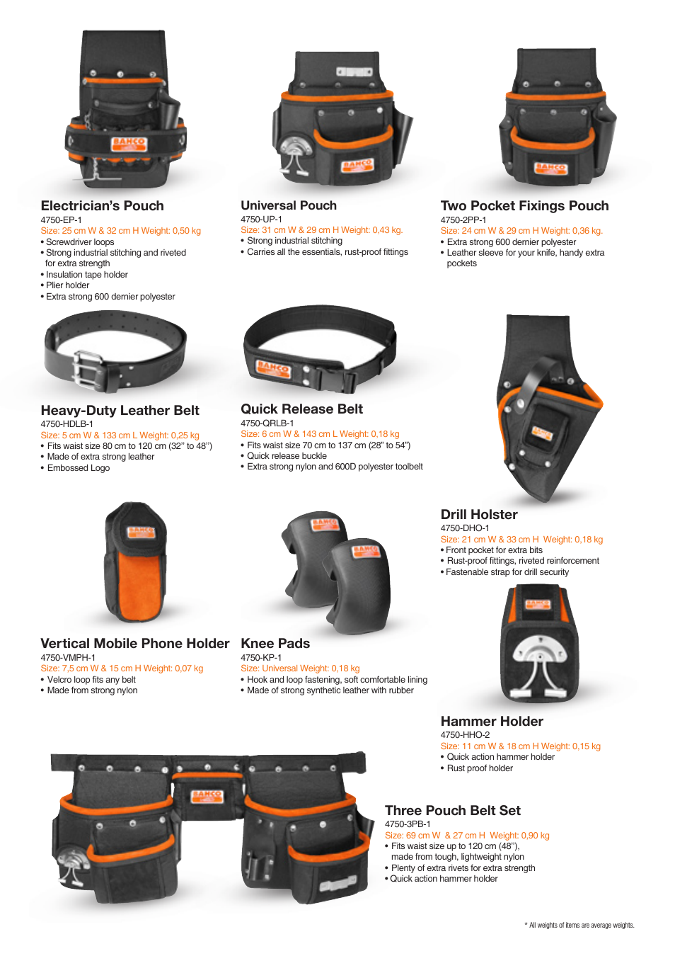 Vertical mobile phone holder, Hammer holder, Three pouch belt set | Drill holster, Two pocket fixings pouch, Electrician’s pouch, Quick release belt, Heavy-duty leather belt, Knee pads, Universal pouch | Bahco Tool Holders Collection User Manual | Page 3 / 12